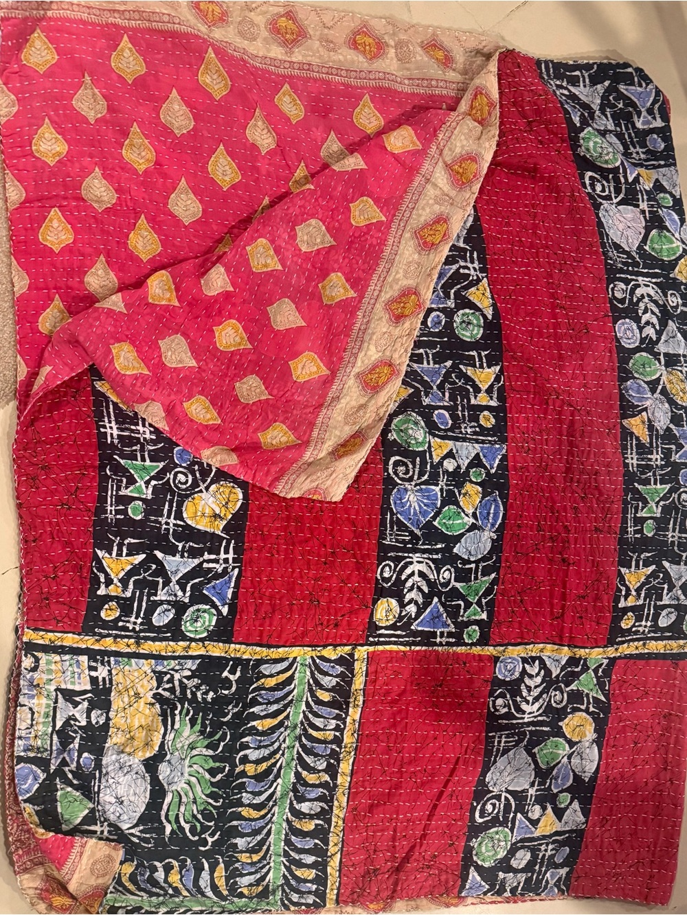 KAnTHA Artisan  reversible with pink, Red,black,green & blue throw/quilt Vintage